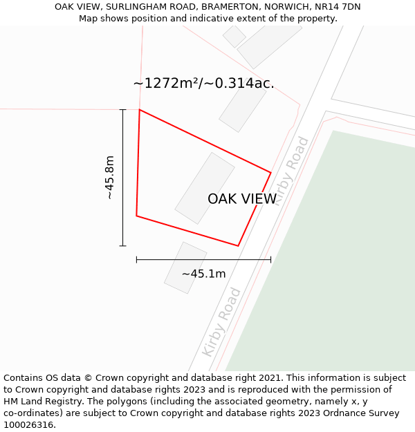 OAK VIEW, SURLINGHAM ROAD, BRAMERTON, NORWICH, NR14 7DN: Plot and title map