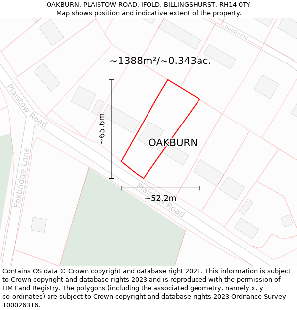 OAKBURN, PLAISTOW ROAD, IFOLD, BILLINGSHURST, RH14 0TY: Plot and title map