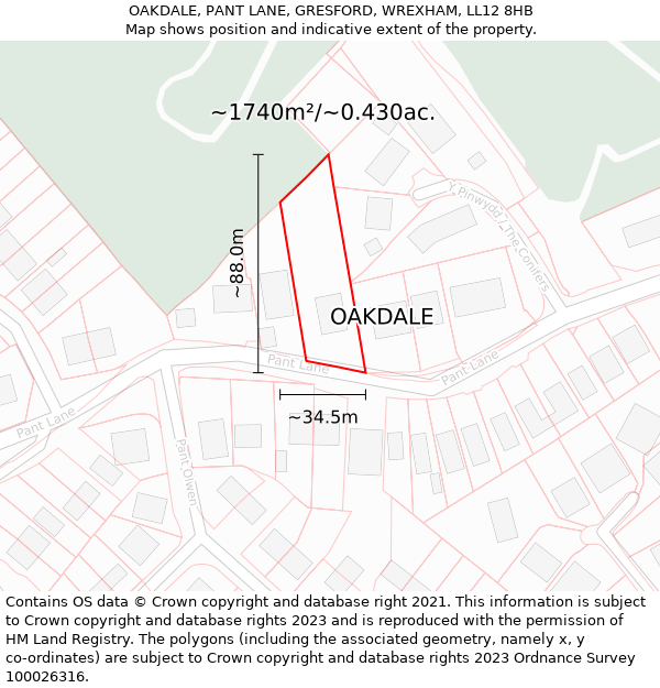 OAKDALE, PANT LANE, GRESFORD, WREXHAM, LL12 8HB: Plot and title map