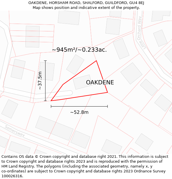 OAKDENE, HORSHAM ROAD, SHALFORD, GUILDFORD, GU4 8EJ: Plot and title map