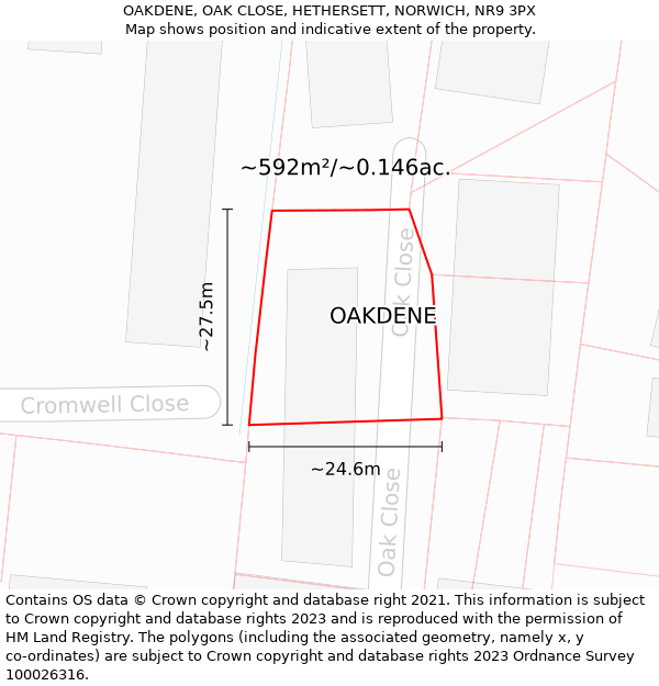 OAKDENE, OAK CLOSE, HETHERSETT, NORWICH, NR9 3PX: Plot and title map