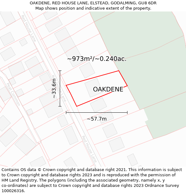 OAKDENE, RED HOUSE LANE, ELSTEAD, GODALMING, GU8 6DR: Plot and title map