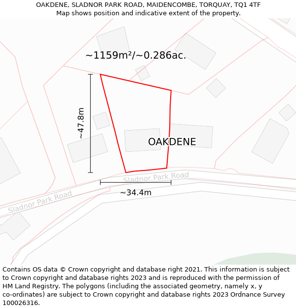 OAKDENE, SLADNOR PARK ROAD, MAIDENCOMBE, TORQUAY, TQ1 4TF: Plot and title map