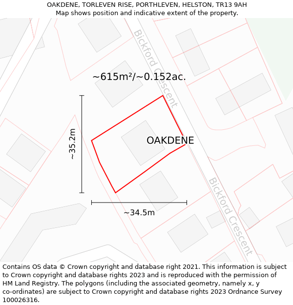 OAKDENE, TORLEVEN RISE, PORTHLEVEN, HELSTON, TR13 9AH: Plot and title map