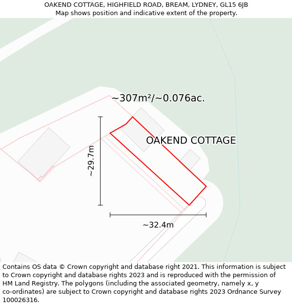 OAKEND COTTAGE, HIGHFIELD ROAD, BREAM, LYDNEY, GL15 6JB: Plot and title map