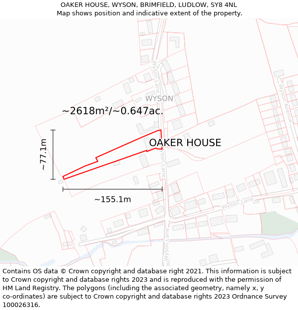 OAKER HOUSE, WYSON, BRIMFIELD, LUDLOW, SY8 4NL: Plot and title map