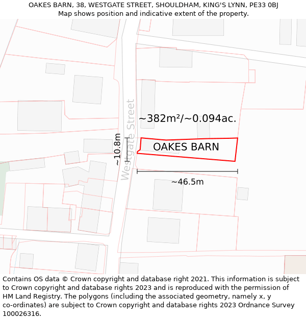 OAKES BARN, 38, WESTGATE STREET, SHOULDHAM, KING'S LYNN, PE33 0BJ: Plot and title map