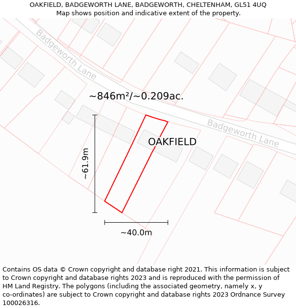 OAKFIELD, BADGEWORTH LANE, BADGEWORTH, CHELTENHAM, GL51 4UQ: Plot and title map