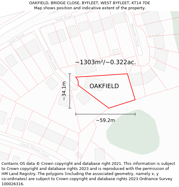 OAKFIELD, BRIDGE CLOSE, BYFLEET, WEST BYFLEET, KT14 7DE: Plot and title map