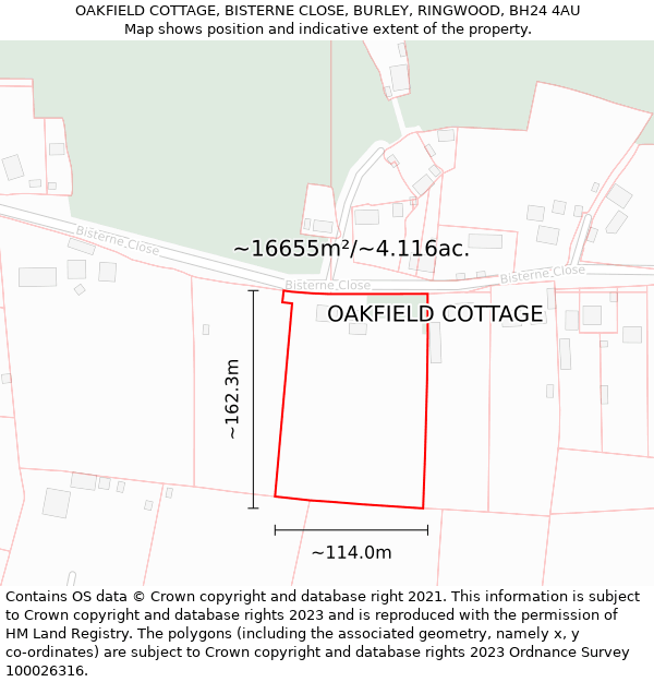 OAKFIELD COTTAGE, BISTERNE CLOSE, BURLEY, RINGWOOD, BH24 4AU: Plot and title map