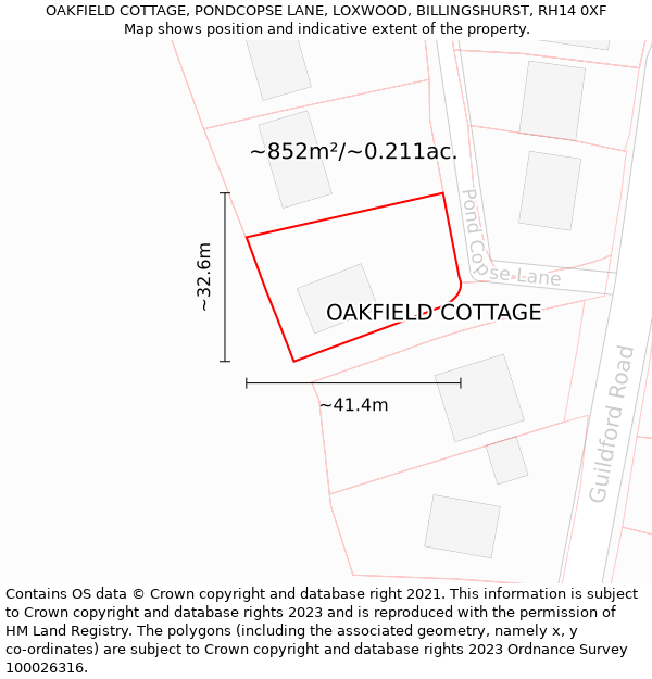 OAKFIELD COTTAGE, PONDCOPSE LANE, LOXWOOD, BILLINGSHURST, RH14 0XF: Plot and title map