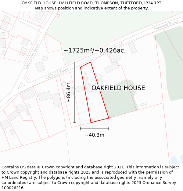 OAKFIELD HOUSE, HALLFIELD ROAD, THOMPSON, THETFORD, IP24 1PT: Plot and title map