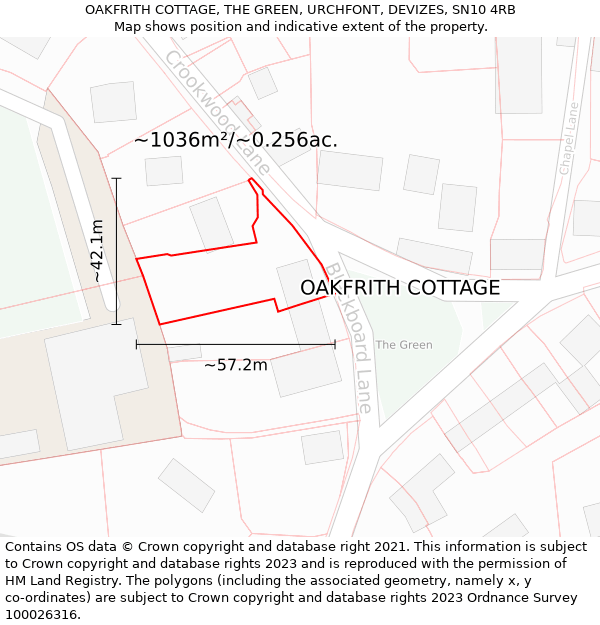 OAKFRITH COTTAGE, THE GREEN, URCHFONT, DEVIZES, SN10 4RB: Plot and title map