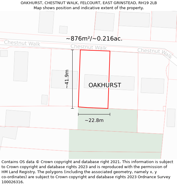 OAKHURST, CHESTNUT WALK, FELCOURT, EAST GRINSTEAD, RH19 2LB: Plot and title map