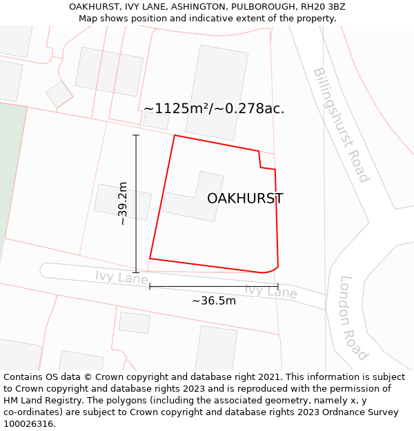 OAKHURST, IVY LANE, ASHINGTON, PULBOROUGH, RH20 3BZ: Plot and title map