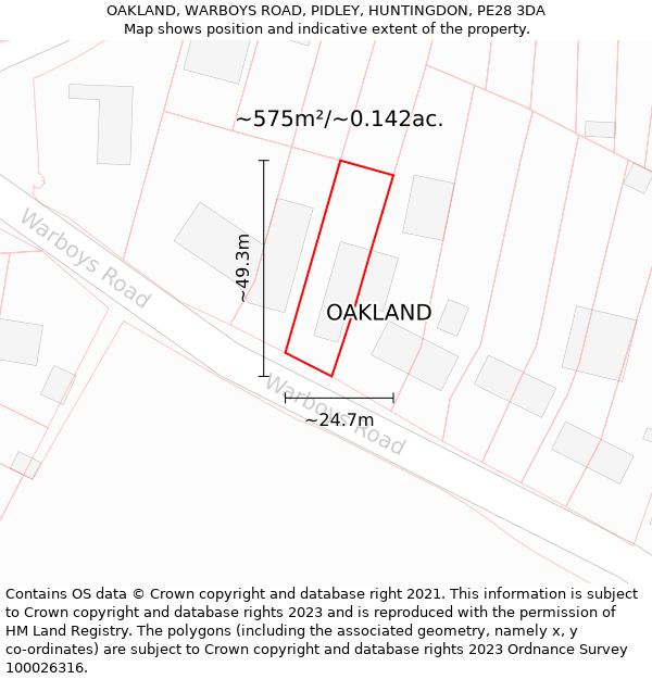 OAKLAND, WARBOYS ROAD, PIDLEY, HUNTINGDON, PE28 3DA: Plot and title map