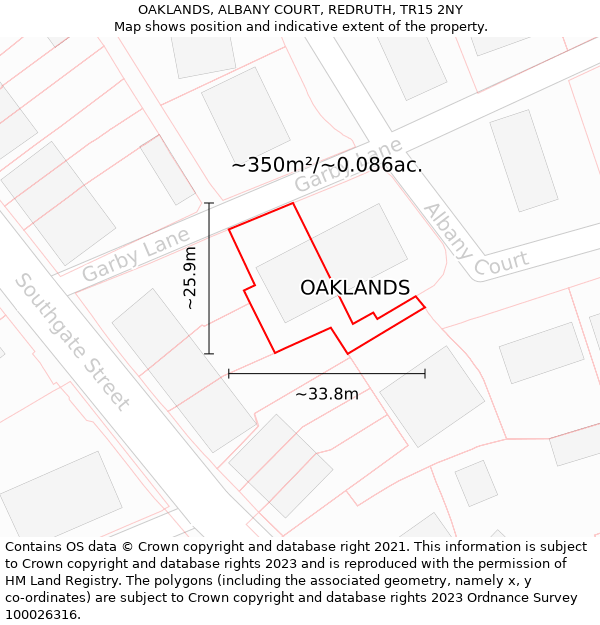 OAKLANDS, ALBANY COURT, REDRUTH, TR15 2NY: Plot and title map
