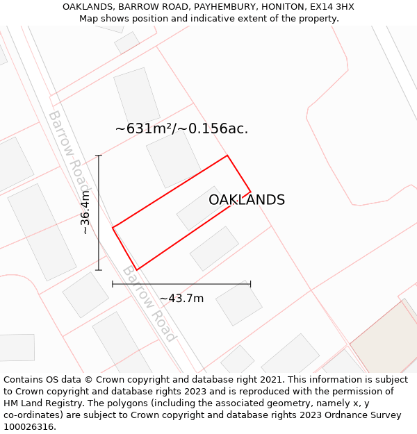 OAKLANDS, BARROW ROAD, PAYHEMBURY, HONITON, EX14 3HX: Plot and title map