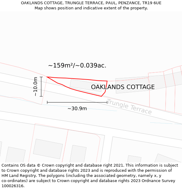 OAKLANDS COTTAGE, TRUNGLE TERRACE, PAUL, PENZANCE, TR19 6UE: Plot and title map