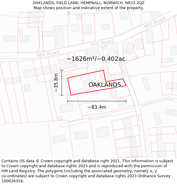 OAKLANDS, FIELD LANE, HEMPNALL, NORWICH, NR15 2QZ: Plot and title map