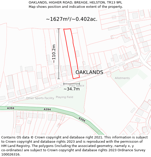 OAKLANDS, HIGHER ROAD, BREAGE, HELSTON, TR13 9PL: Plot and title map