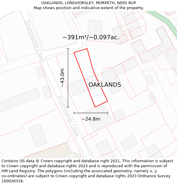 OAKLANDS, LONGHORSLEY, MORPETH, NE65 8UP: Plot and title map