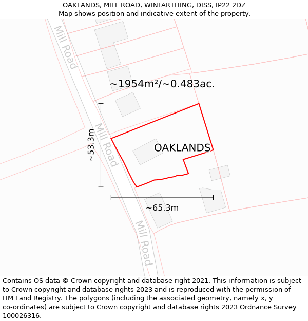 OAKLANDS, MILL ROAD, WINFARTHING, DISS, IP22 2DZ: Plot and title map