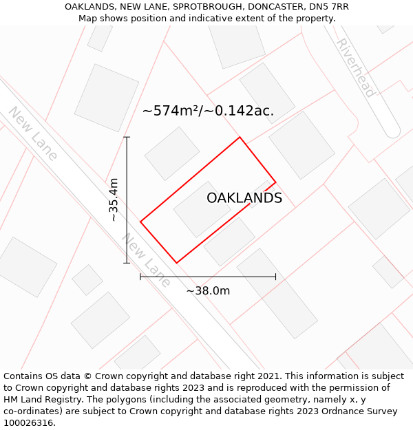 OAKLANDS, NEW LANE, SPROTBROUGH, DONCASTER, DN5 7RR: Plot and title map