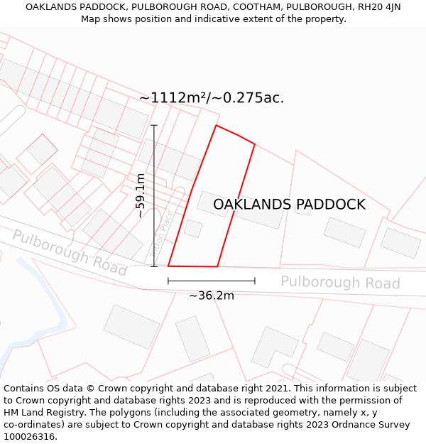 OAKLANDS PADDOCK, PULBOROUGH ROAD, COOTHAM, PULBOROUGH, RH20 4JN: Plot and title map