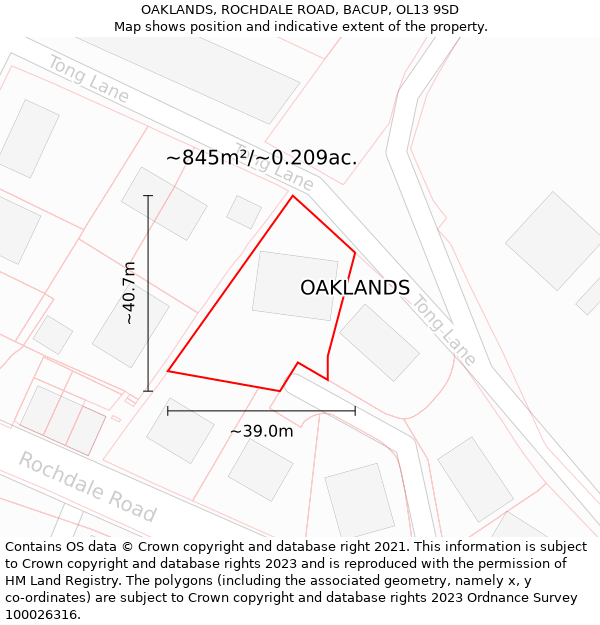 OAKLANDS, ROCHDALE ROAD, BACUP, OL13 9SD: Plot and title map