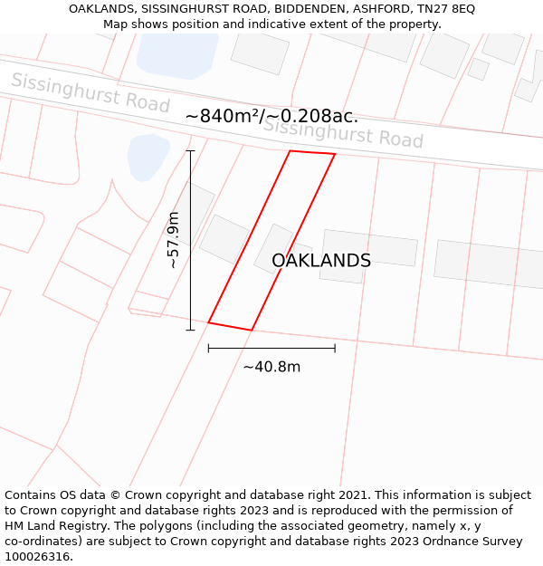 OAKLANDS, SISSINGHURST ROAD, BIDDENDEN, ASHFORD, TN27 8EQ: Plot and title map