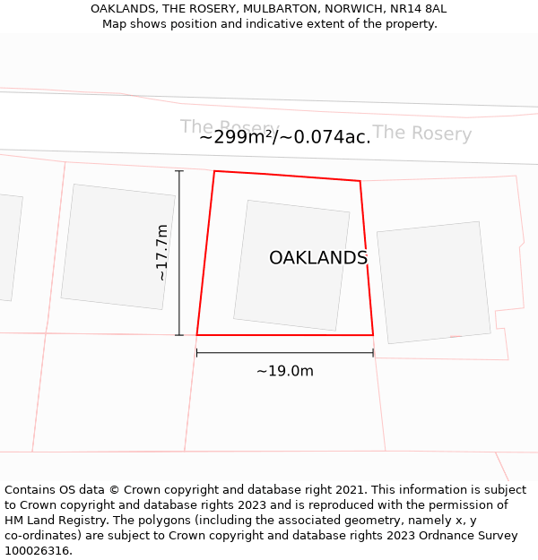 OAKLANDS, THE ROSERY, MULBARTON, NORWICH, NR14 8AL: Plot and title map