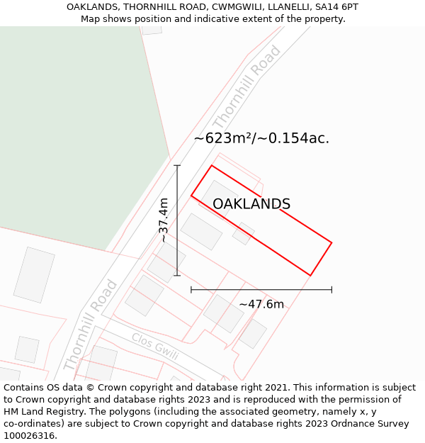 OAKLANDS, THORNHILL ROAD, CWMGWILI, LLANELLI, SA14 6PT: Plot and title map