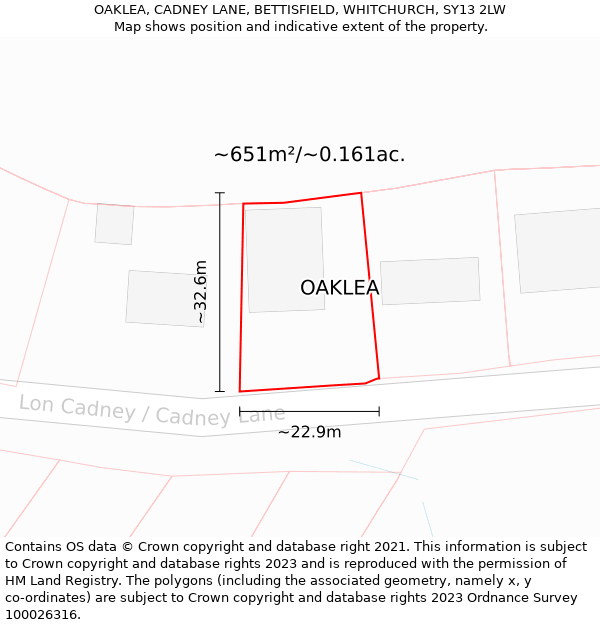 OAKLEA, CADNEY LANE, BETTISFIELD, WHITCHURCH, SY13 2LW: Plot and title map