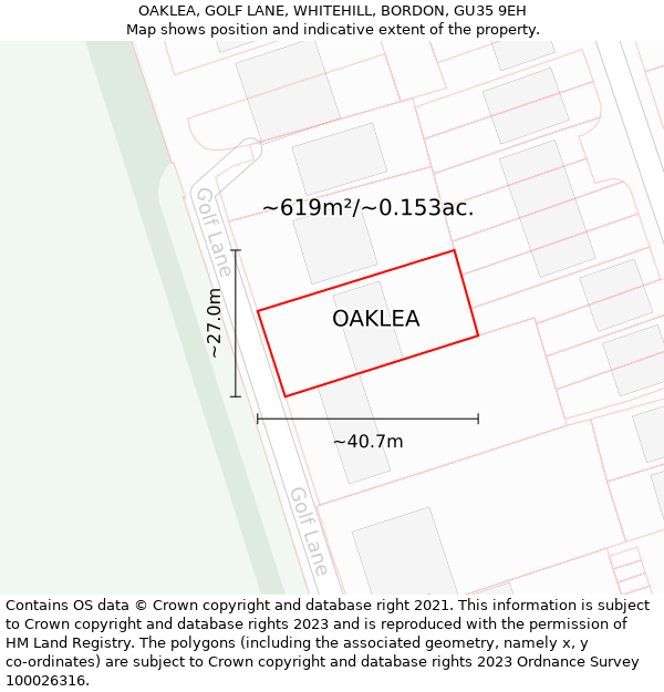 OAKLEA, GOLF LANE, WHITEHILL, BORDON, GU35 9EH: Plot and title map