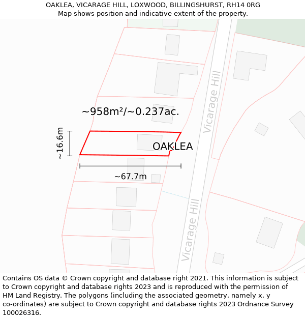 OAKLEA, VICARAGE HILL, LOXWOOD, BILLINGSHURST, RH14 0RG: Plot and title map