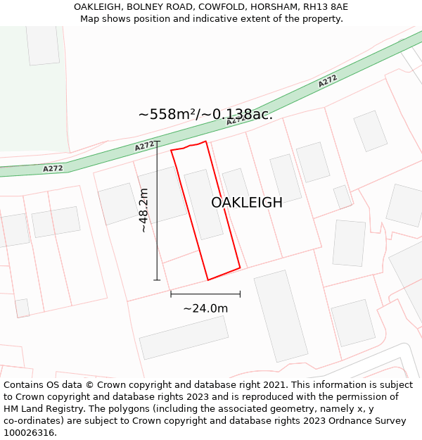 OAKLEIGH, BOLNEY ROAD, COWFOLD, HORSHAM, RH13 8AE: Plot and title map