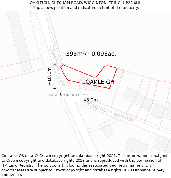 OAKLEIGH, CHESHAM ROAD, WIGGINTON, TRING, HP23 6HH: Plot and title map