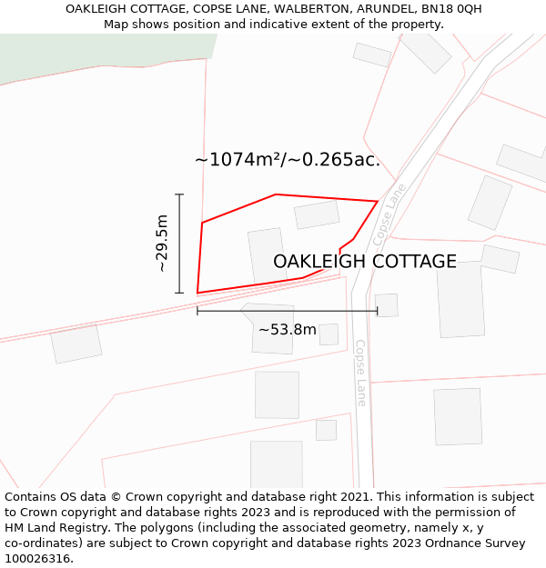 OAKLEIGH COTTAGE, COPSE LANE, WALBERTON, ARUNDEL, BN18 0QH: Plot and title map