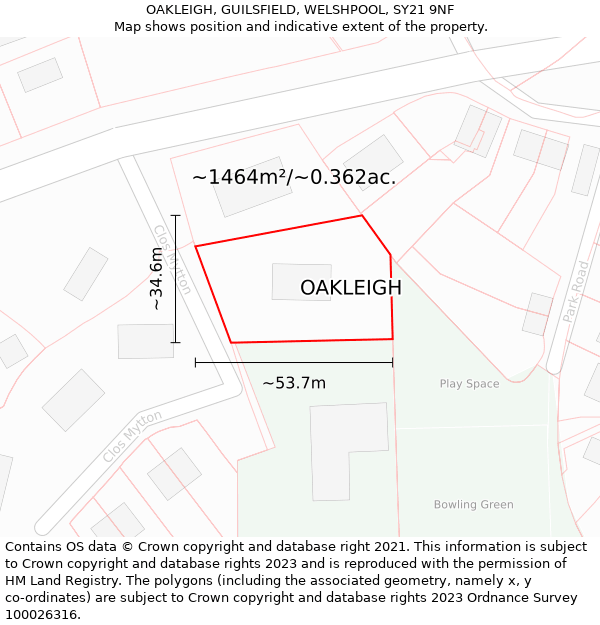 OAKLEIGH, GUILSFIELD, WELSHPOOL, SY21 9NF: Plot and title map