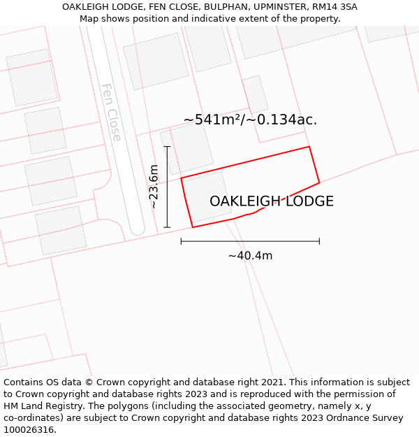 OAKLEIGH LODGE, FEN CLOSE, BULPHAN, UPMINSTER, RM14 3SA: Plot and title map