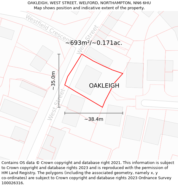 OAKLEIGH, WEST STREET, WELFORD, NORTHAMPTON, NN6 6HU: Plot and title map