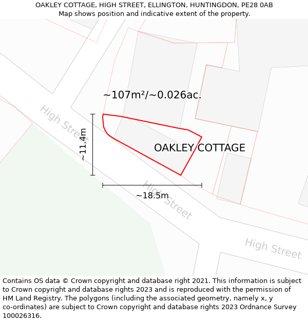 OAKLEY COTTAGE, HIGH STREET, ELLINGTON, HUNTINGDON, PE28 0AB: Plot and title map