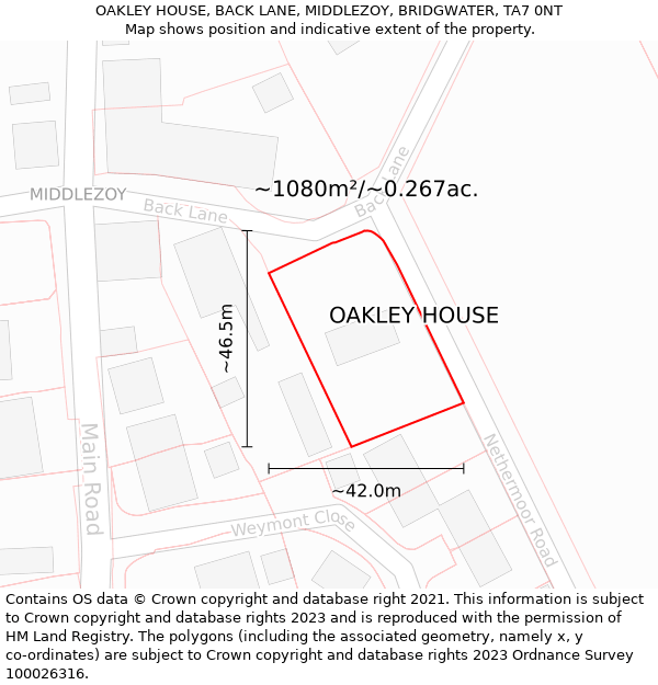 OAKLEY HOUSE, BACK LANE, MIDDLEZOY, BRIDGWATER, TA7 0NT: Plot and title map