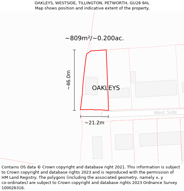 OAKLEYS, WESTSIDE, TILLINGTON, PETWORTH, GU28 9AL: Plot and title map