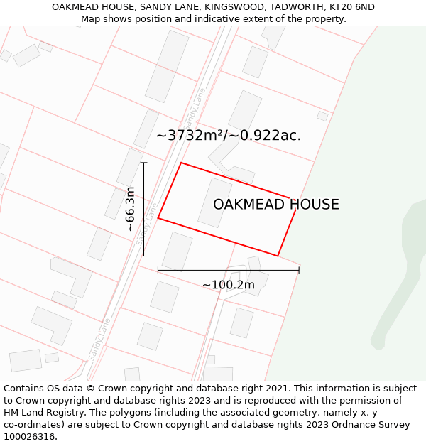 OAKMEAD HOUSE, SANDY LANE, KINGSWOOD, TADWORTH, KT20 6ND: Plot and title map