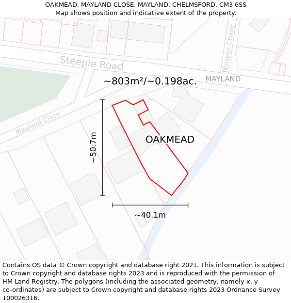 OAKMEAD, MAYLAND CLOSE, MAYLAND, CHELMSFORD, CM3 6SS: Plot and title map