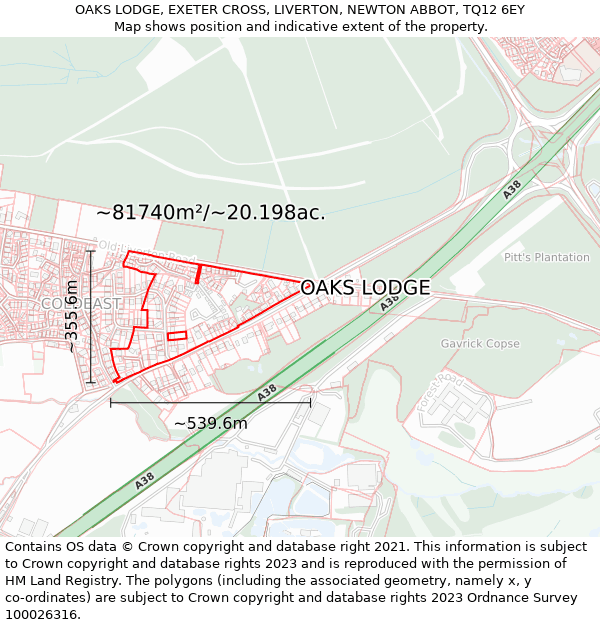 OAKS LODGE, EXETER CROSS, LIVERTON, NEWTON ABBOT, TQ12 6EY: Plot and title map