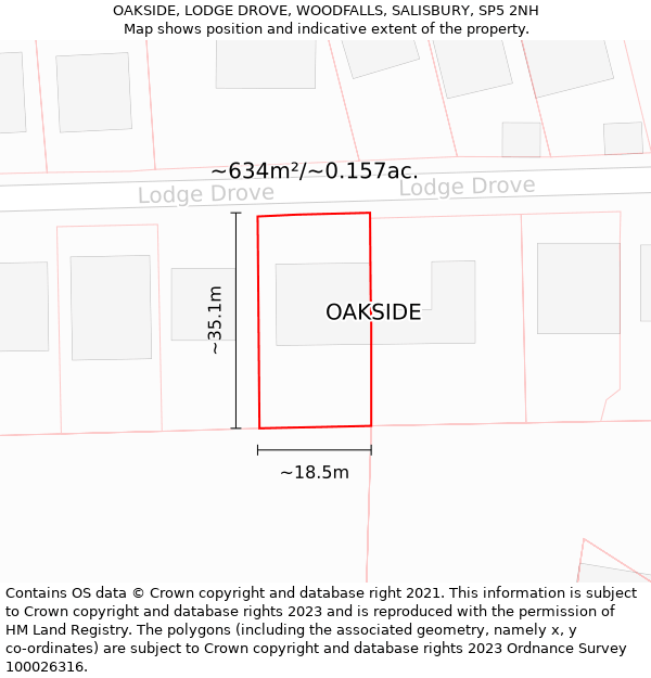 OAKSIDE, LODGE DROVE, WOODFALLS, SALISBURY, SP5 2NH: Plot and title map