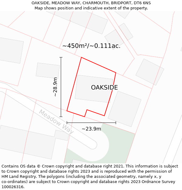 OAKSIDE, MEADOW WAY, CHARMOUTH, BRIDPORT, DT6 6NS: Plot and title map